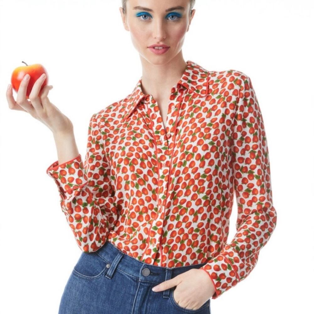 Alice + Olivia Willa Silk Strawberry Print Piped Button Placket Shirt Size XS